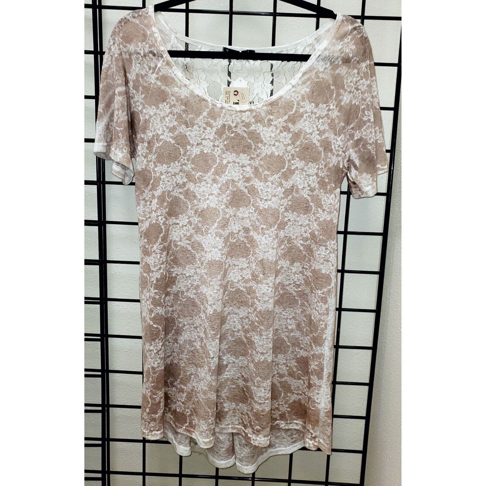 T-Party Scoop Neck Sheer Lace Short Sleeve Top - Taupe/Cream, Large NWT